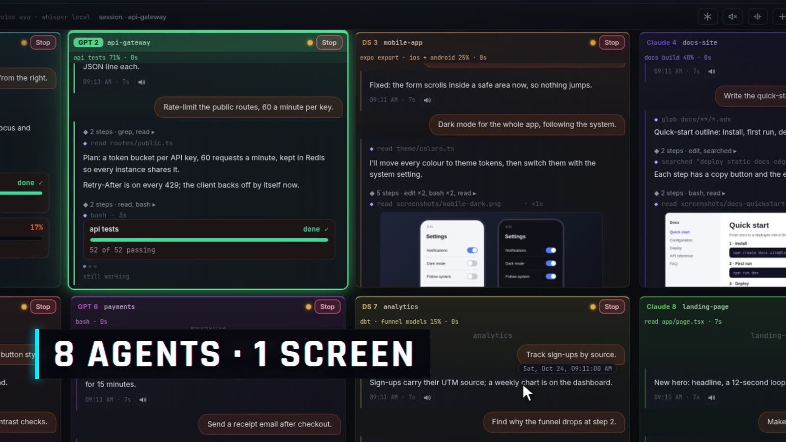 Eight agent columns on one screen