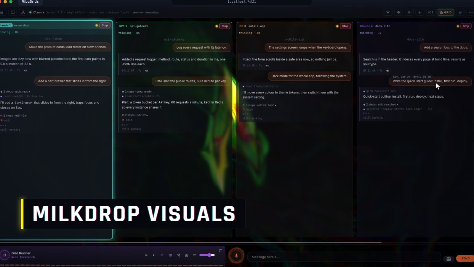 A Milkdrop visualiser behind see-through chats